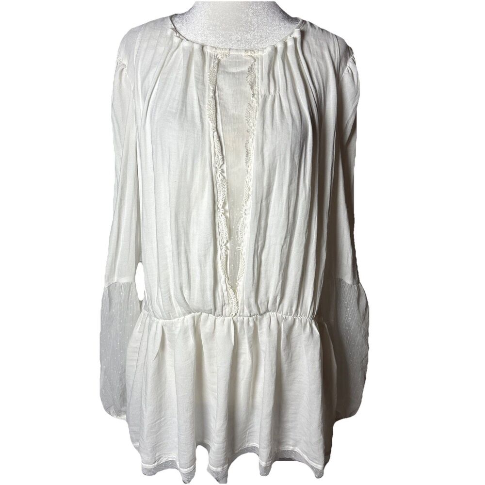 Free People XS Boho White Peasant Blouse Lace Sheer Fringe Hem Flowy Tunic Top